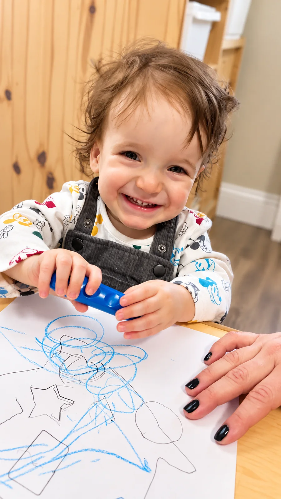 Smiling toddler exploring shapes and lines with a blue crayon during a guided activity
