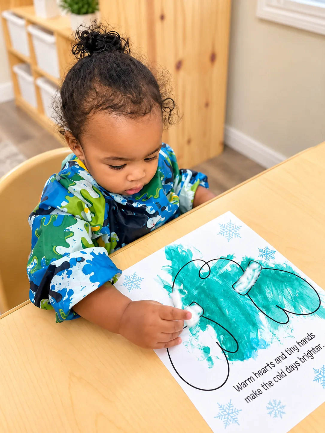 Child in a paint smock creating a winter mitten painting with cotton and teal paint