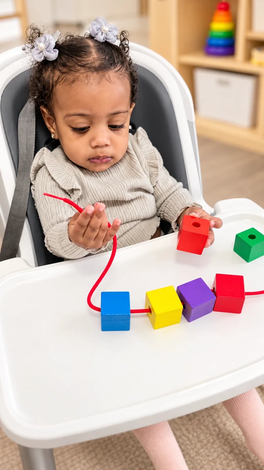 Toddler practicing fine motor skills by threading colorful wooden blocks