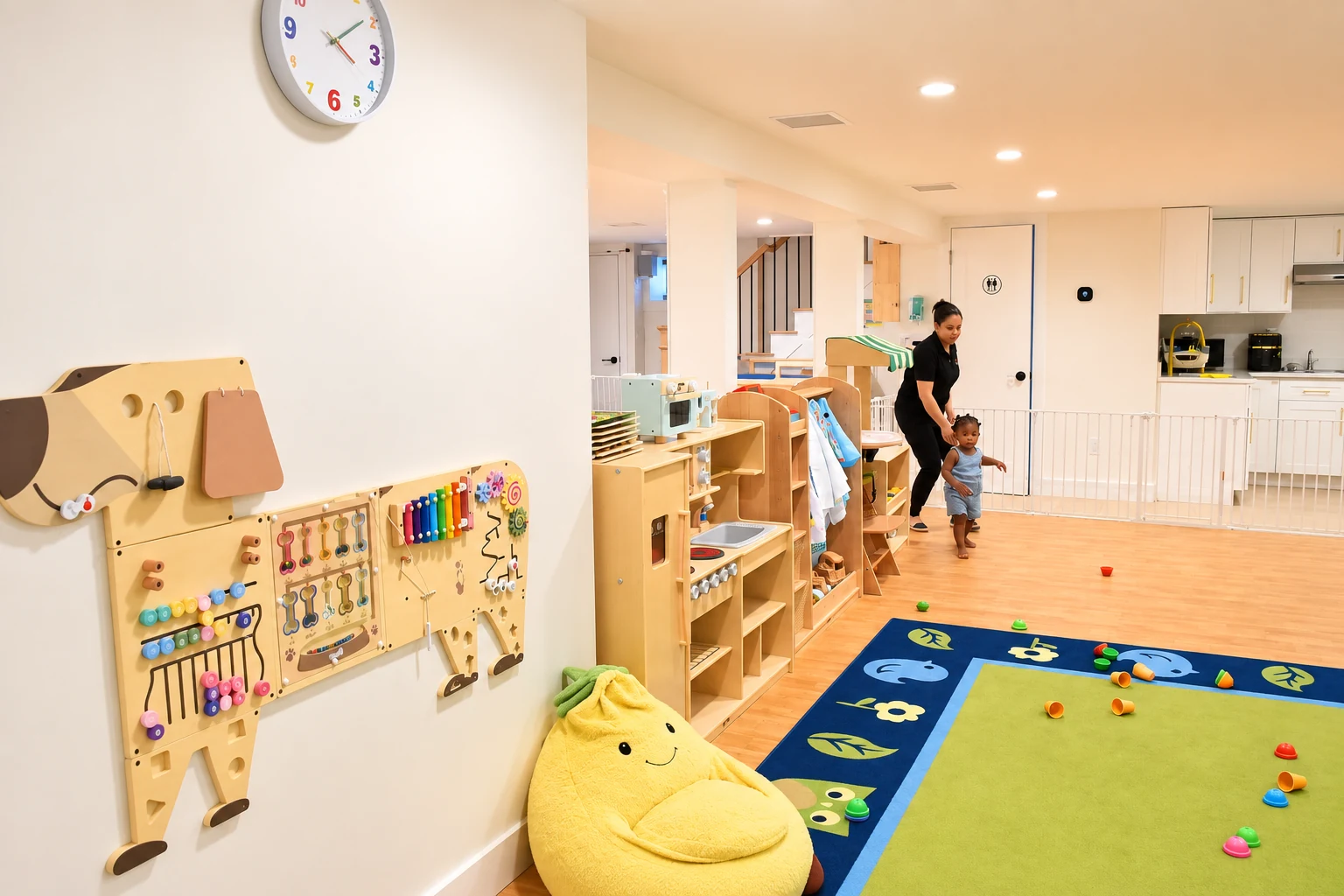 Indoor activity area with wall-mounted sensory boards, wooden play furniture and a colorful classroom rug