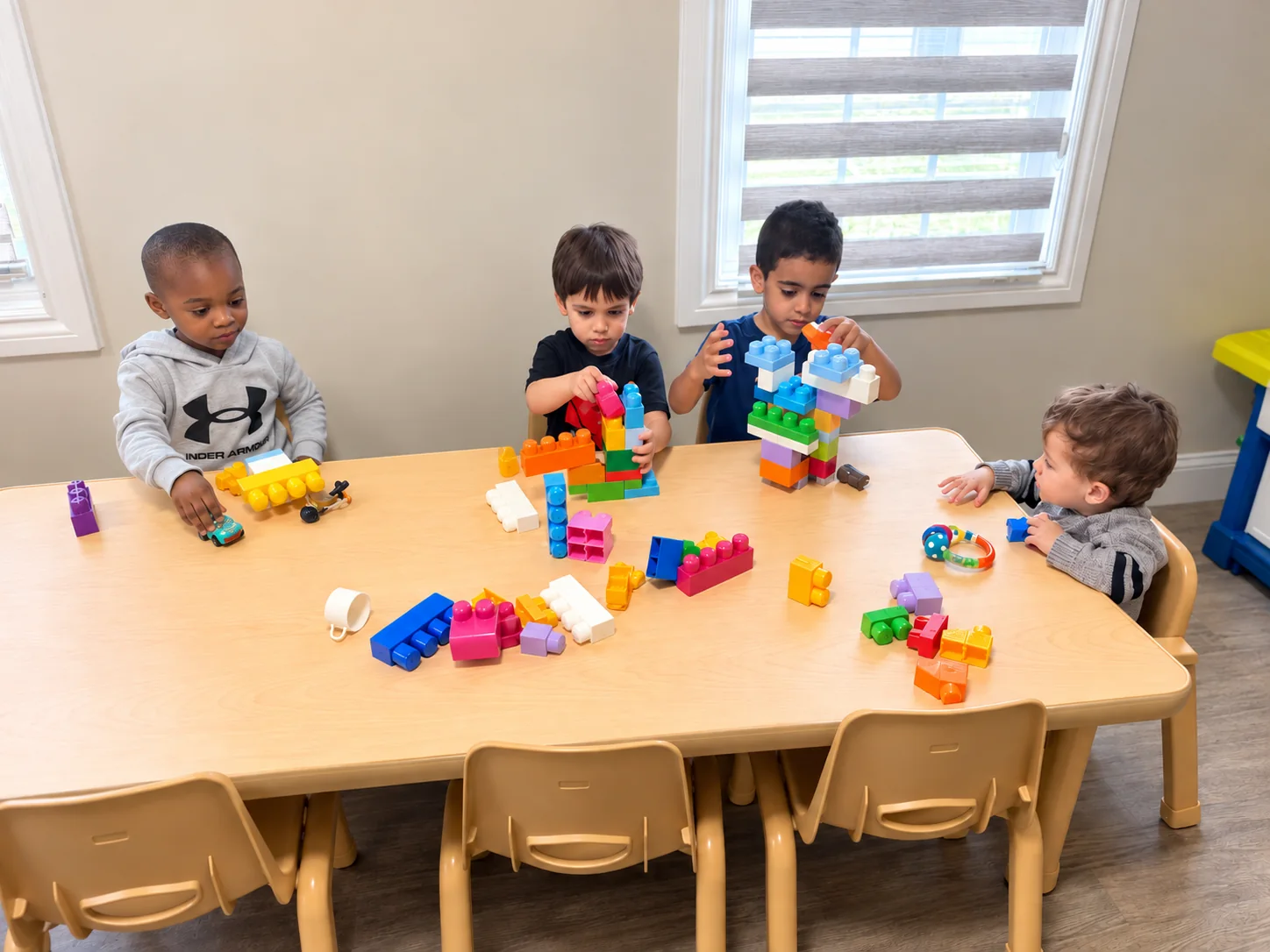 Children building colorful block creations together at a classroom table