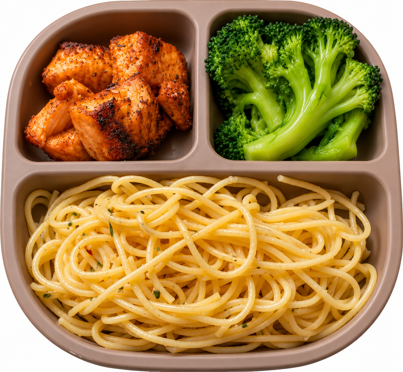 Chicken, broccoli, and pasta served in a divided meal tray