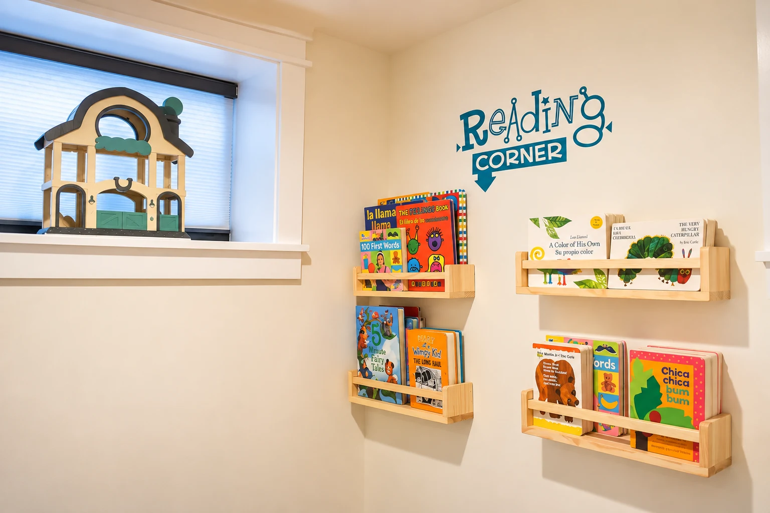 Reading corner with bilingual picture books displayed on low wooden shelves