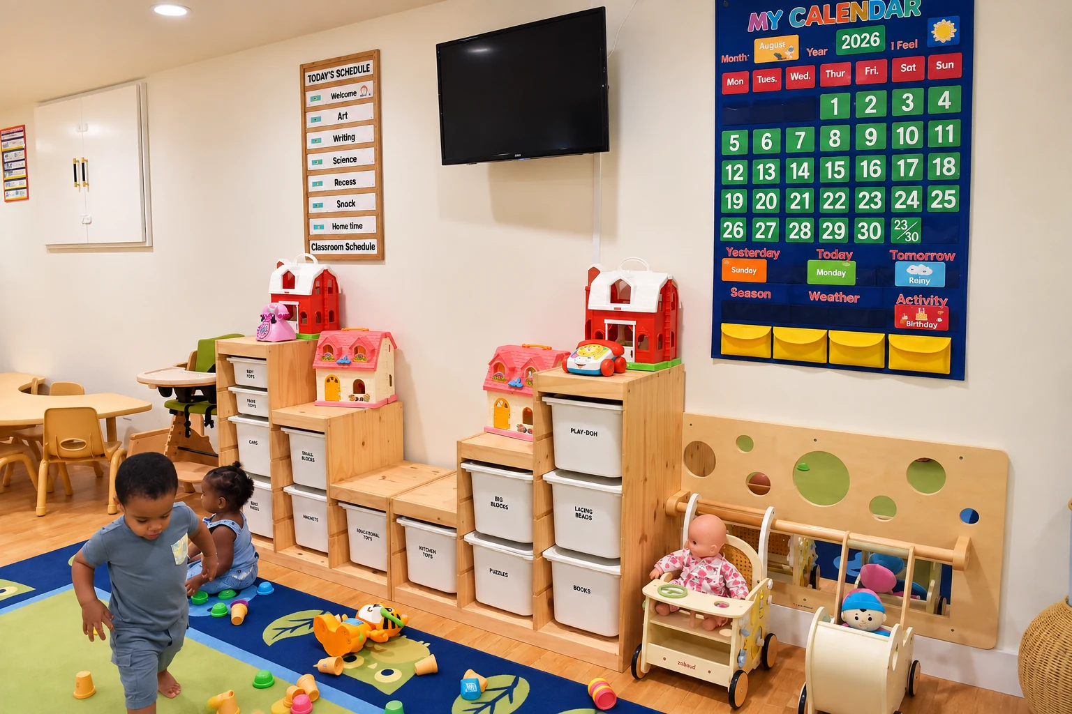Organized classroom play area with labeled toy storage, learning calendar and imaginative play stations