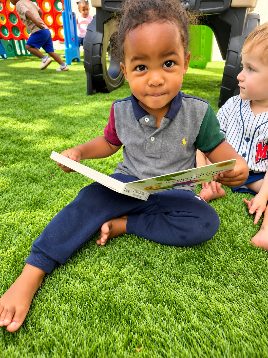 Young child exploring illustrated pages while seated on the grass with friends outdoors