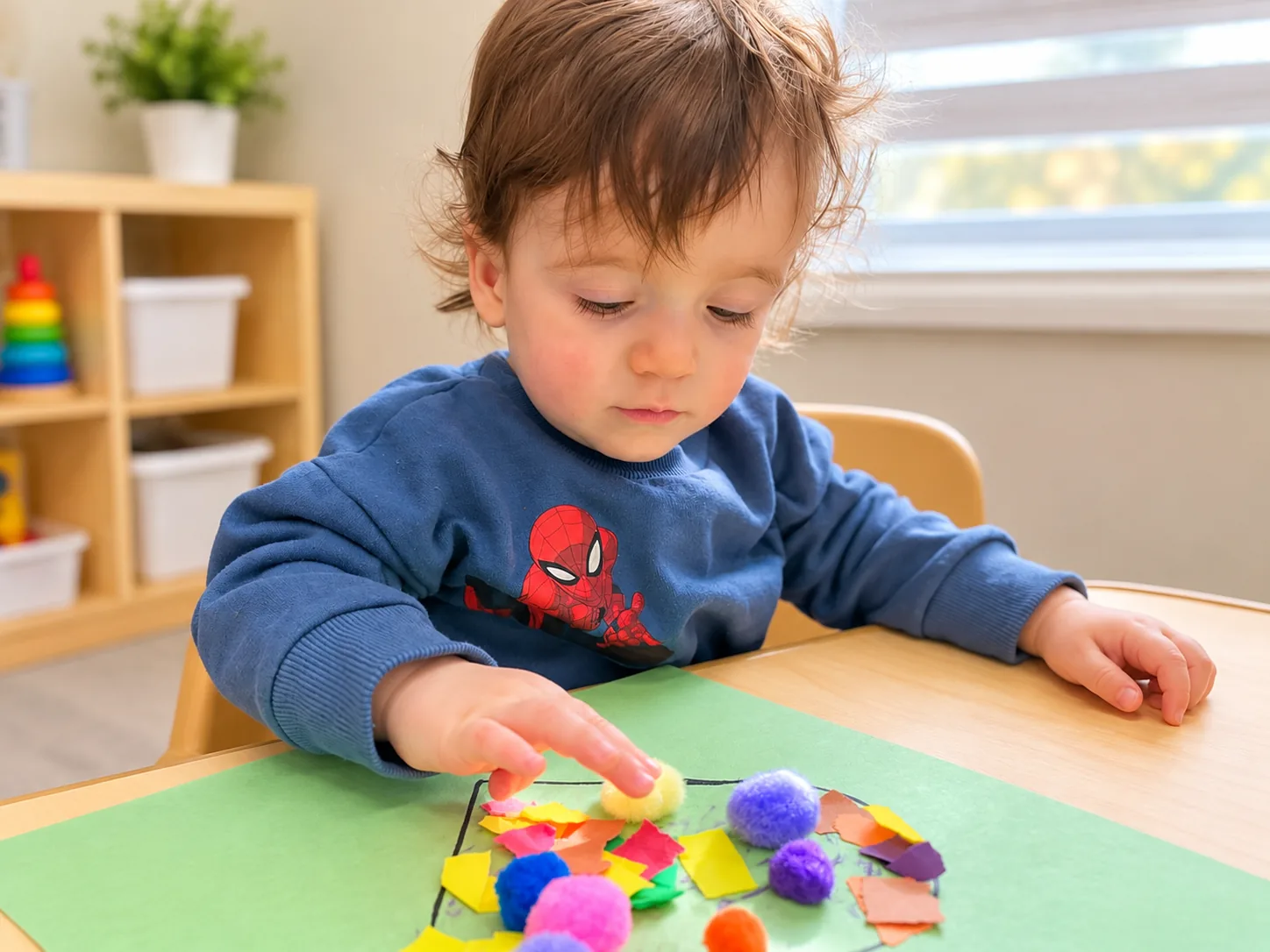 Toddler placing pom-poms and tissue paper pieces on a green paper collage