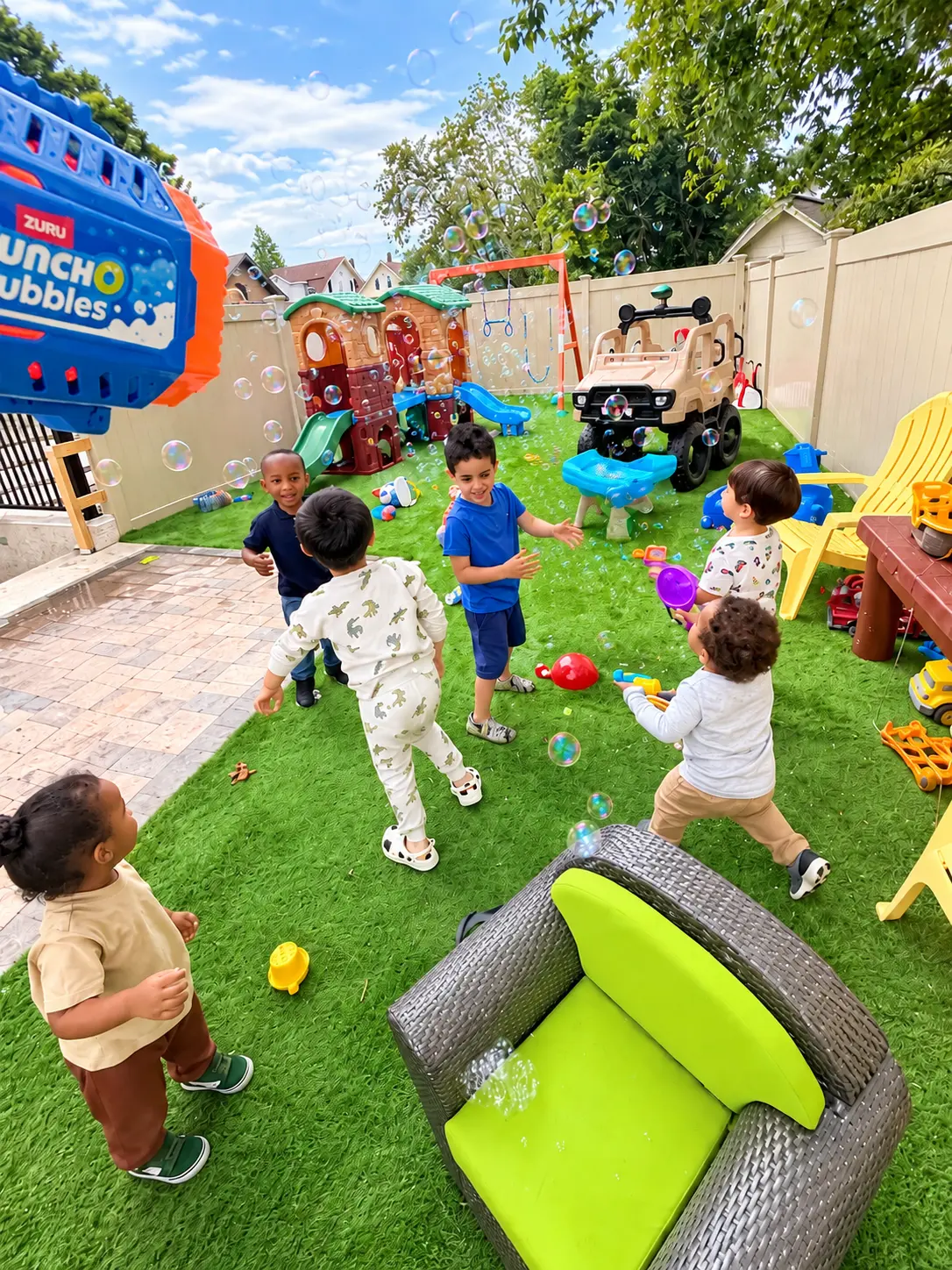 Children sharing bubble play and outdoor toys in the colorful fenced backyard