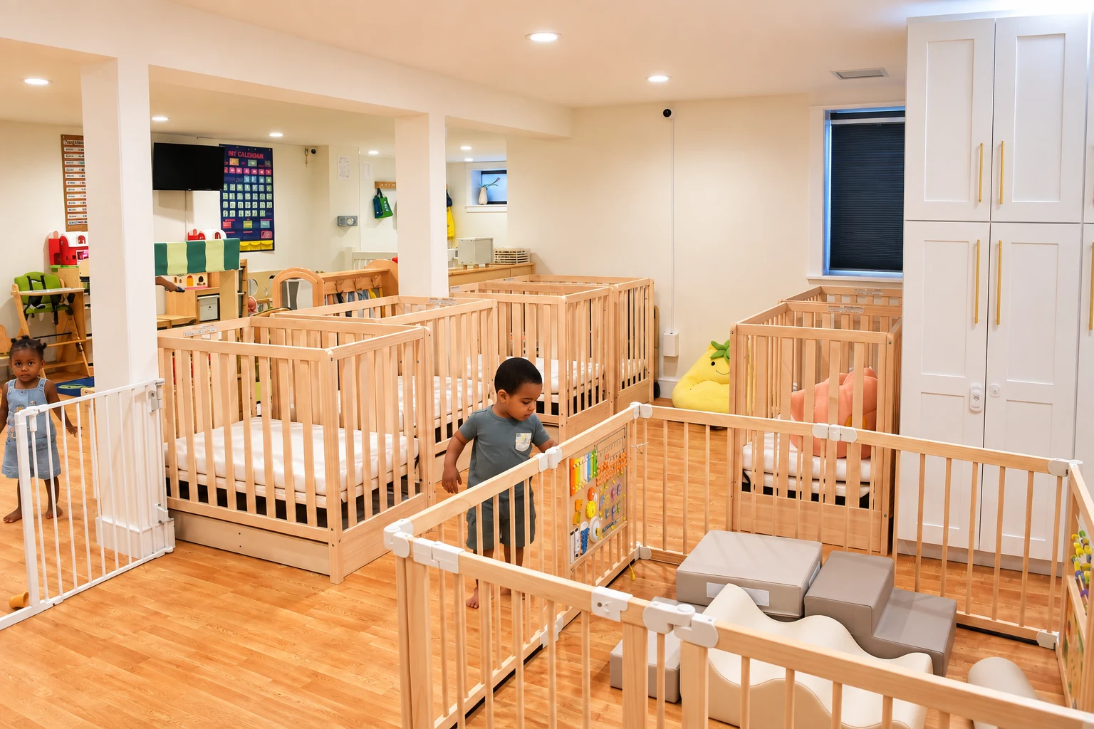 Clean infant care room with natural wood cribs, gated play areas and organized storage