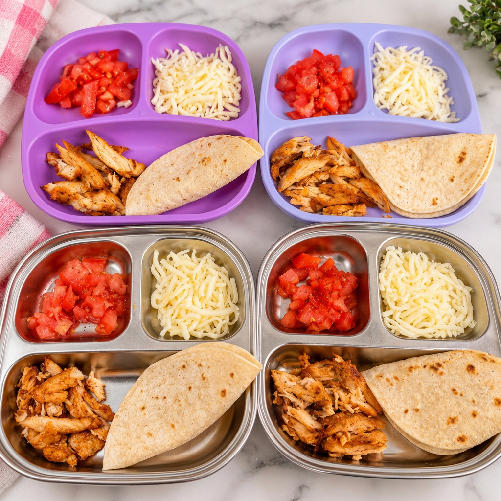 Seasoned chicken, tortillas, fresh tomatoes, and shredded cheese served in divided children's trays